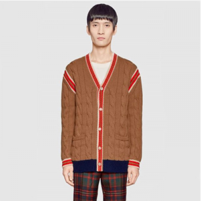 [인기상품] Gucci 2018 V-Neck Wool Knit Cardigan - 구찌 라인배색 케이블 가디건 Guc0332x.Size(M - 2XL)브라운