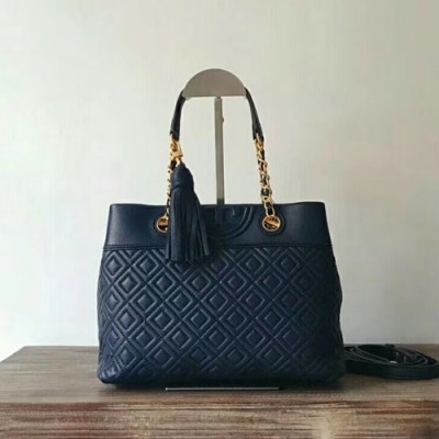 Tory Burch Leather Blue Fleming Chain Tote Shoulder Bag,25cm - 토리버치 레더 블루 플레밍 체인 토트 숄더백 TBB0112,25cm