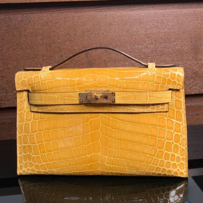 Hermes Mini Kelly Crocodile Leather Tote Bag / Clutch Bag,22cm - 에르메스 미니 켈리 크로커다일 레더 여성용 토트백/클러치백 HERB0003, 22cm,옐로우