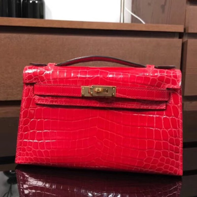 Hermes Mini Kelly Crocodile Leather Tote Bag / Clutch Bag,22cm - 에르메스 미니 켈리 크로커다일 레더 여성용 토트백/클러치백 HERB0005, 22cm,레드