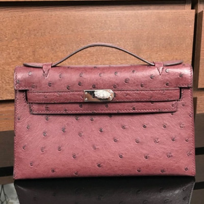 Hermes Mini Kelly Ostrich Leather Tote Bag / Clutch Bag,22cm - 에르메스 미니 켈리 오스트리치 레더 여성용 토트백/클러치백 HERB0106, 22cm,와인