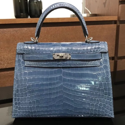 Hermes Kelly Crocodile Leather Tote Shoulder Bag ,25cm - 에르메스 켈리 크로커다일 레더 여성용 토트 숄더백 HERB0138,25cm,블루