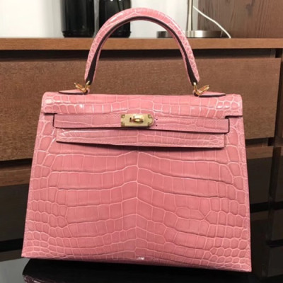 Hermes Kelly Crocodile Leather Tote Shoulder Bag ,25cm - 에르메스 켈리 크로커다일 레더 여성용 토트 숄더백 HERB0141,25cm,핑크