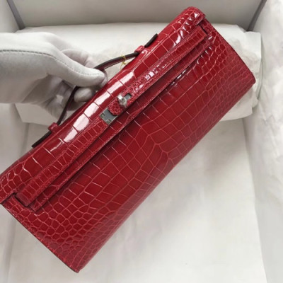 Hermes Kelly Cut Crocodile Leather Clutch Bag ,31cm - 에르메스 켈리 컷 크로커다일 레더 여성용 클러치백 HERB0163,31cm,레드(은장)