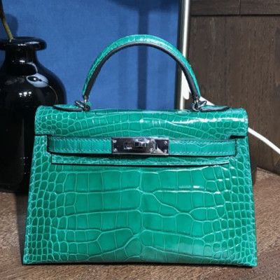 Hermes Mini Kelly 2 Crocodile Leather Tote Shoulder Bag , - 에르메스 미니 켈리 2 크로커다일 레더 여성용 토트 숄더백 HERB0242,그린