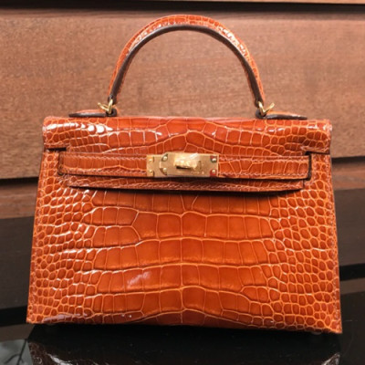 Hermes Mini Kelly Crocodile Leather Tote Shoulder Bag , - 에르메스 미니 켈리 크로커다일 레더 여성용 토트 숄더백 HERB0278,오렌지브라운