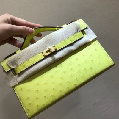 Hermes Mini Kelly Ostrich Leather Tote Bag / Clutch Bag,22cm - 에르메스 미니 켈리 오스트리치 레더 여성용 토트백/클러치백 HERB0292, 22cm,옐로우