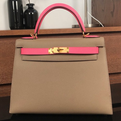 Hermes Kelly Epsom Leather Tote Shoulder Bag ,28cm - 에르메스 켈리 엡송 레더 여성용 토트 숄더백 HERB0315,28cm,브라운+핑크