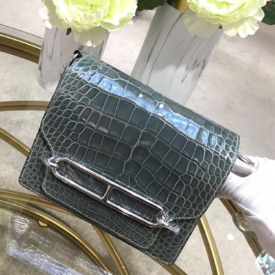 Hermes Roulis Crocodile Leather Shoulder Bag ,19cm - 에르메스 룰리스 크로커다일 레더 여성용 숄더백 HERB0343,19cm,그레이