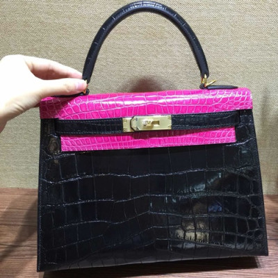 Hermes Kelly Crocodile Leather Tote Shoulder Bag ,28cm - 에르메스 켈리 크로커다일 레더 여성용 토트 숄더백 HERB0553,28cm,블랙+핑크