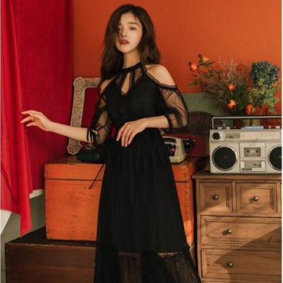 Chanel 2019 Ladies Lace One Piece - 샤넬 신상 여성 레이스 긴팔원피스 Cnl0201x.Size(s - xl).블랙