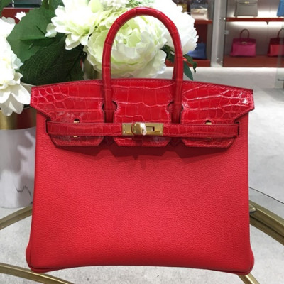 Hermes Birkin Crocodile & Leather Tote Shoulder Bag ,25cm - 에르메스 버킨 크로코다일&레더 여성용 토트 숄더백 HERB0679,25cm,레드