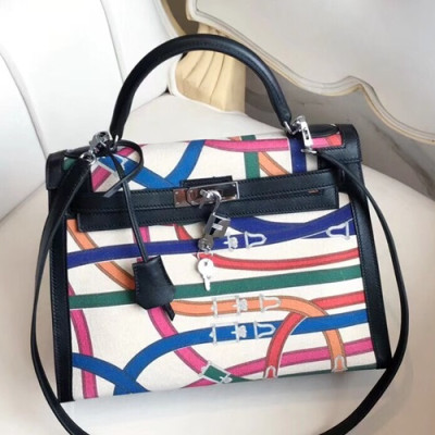 Hermes Kelly Canvas & Leather Tote Bag ,32cm - 에르메스 켈리 캔버스&레더 여성용 토트백 HERB0686,32cm,블랙