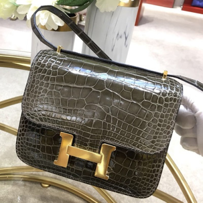 Hermes Constance Crocodile Leather Shoulder Bag,18cm - 에르메스 콘스탄스 크로커다일 레더 여성용 숄더백 HERB0697, 18cm,그레이