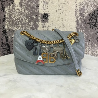 Balenciaga 2019 BB Round Leather Chain Shoulder Bag,22CM - 발렌시아가 2019 BB 라운드 레더 체인 숄더백,BGB0247,22CM,그레이(옐로우골드),그레이(실버)