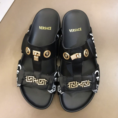 Versace 2019 Mens Medusa Metal Logo Leather Slipper - 베르사체 남성 메두사 메탈 로고 레더 슬리퍼 Ver0230x.Size(240 - 275).블랙