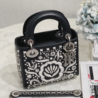 Dior 2019 Floral Embroidery Mini Lady Tote Shoulder Bag,17CM - 디올 2019 플로럴 엠브로이더리 미니 레이디 토트 숄더백 DIOB0070,17CM,블랙(은장)