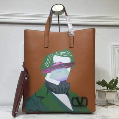 Valentino 2019 Garavani V-ring Leather Tote Shopper Bag,40CM - 발렌티노 2019 가라바니 브이링 남여공용 레더 토트 쇼퍼백 ,VTB0649,40CM,브라운