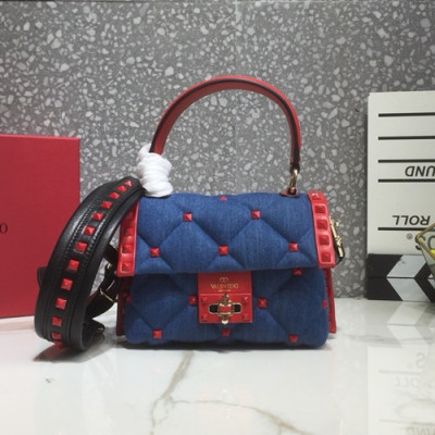 Valentino 2019 Denim&Leather Ruckstud Tote Shoudler Bag,18CM - 발렌티노 2019 데님&레더 락스터드 토트 숄더백,VTB0706,18CM,블루+레드