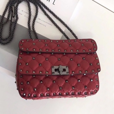 Valentino 2019 Garavani Ruckstud Spike Leather Chain Shoudler Bag,20/24/30CM - 발렌티노 2019 가라바니 락스터드 스파이크 여성용 레더 체인 숄더백 ,VTB0707,20/24/30CM,다크레드