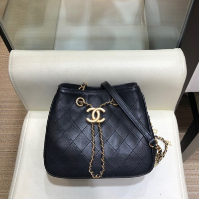 Chanel 2019 Leather Hobo Mini Chain Shoulder Cross Bag,18cm - 샤넬 2019 레더 미니 호보 체인 숄더 크로스백 CHAB0872,18cm,블랙(금장)