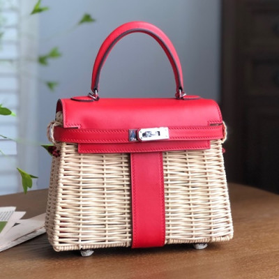 Hermes 2019 Kelly Picnic Rattan Tote Bag ,20cm - 에르메스 2019 켈리 피크닉 라탄 여성용 토트백 HERB0729,20cm,레드