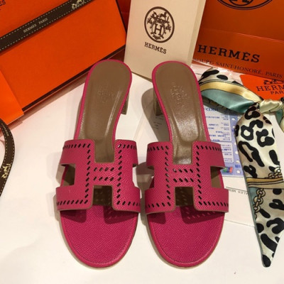 Hermes 2019 Ladies Oasis Leather Middle Heel Slipper - 에르메스 2019 여성용 오아시스 레더 미들힐 슬리퍼 HERS0035,Size(225 - 245).핫핑크