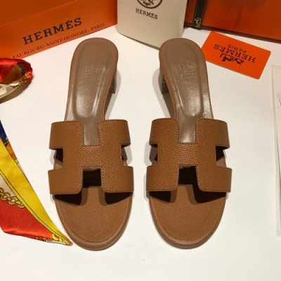 Hermes 2019 Ladies Oasis Leather Middle Heel Slipper - 에르메스 2019 여성용 오아시스 레더 미들힐 슬리퍼 HERS0085,Size(225 - 250).브라운