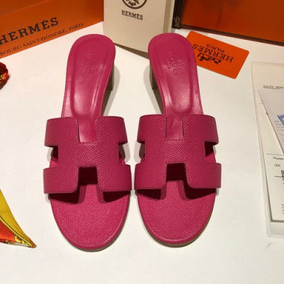 Hermes 2019 Ladies Oasis Leather Middle Heel Slipper - 에르메스 2019 여성용 오아시스 레더 미들힐 슬리퍼 HERS0087,Size(225 - 250).핫핑크