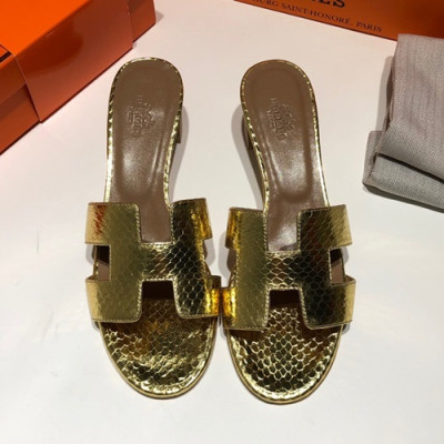 Hermes 2019 Ladies Oasis Leather Middle Heel Slipper - 에르메스 2019 여성용 오아시스 레더 미들힐 슬리퍼 HERS0094,Size(225 - 250).옐로우골드