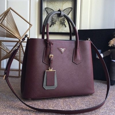 Prada 2020 Saffiano Double Tote Shoulder Bag,33CM - 프라다 2020 사피아노 두블레 여성용 토트 숄더백 ,1BG775-7,33cm,와인