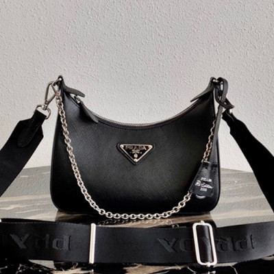 Prada 2020 Leather Hobo Tote Shoulder Bag,22CM - 프라다 2020 레더 호보 토트 숄더백,1BH204-6, 22cm,블랙