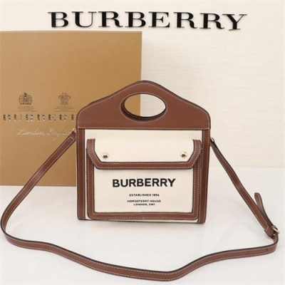 [버버리] Burberry Custom Mini Two-tone Canvas Leather Pocket Tote Bag 23cm - 버버리 커스텀급 미니 투톤 캔버스 레더 포켓 토트백 BURB0504, 23cm, 브라운