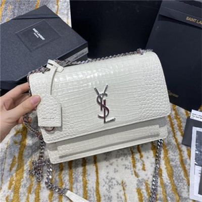 [입생로랑] Saint Laurent CustomCrocodile Sunset Chain Shoulder Bag Silver Logo 22cm - 입생로랑 커스텀급 크로커다일 선셋 체인 숄더백 실버 로고 SLB0601, 22cm, 화이트